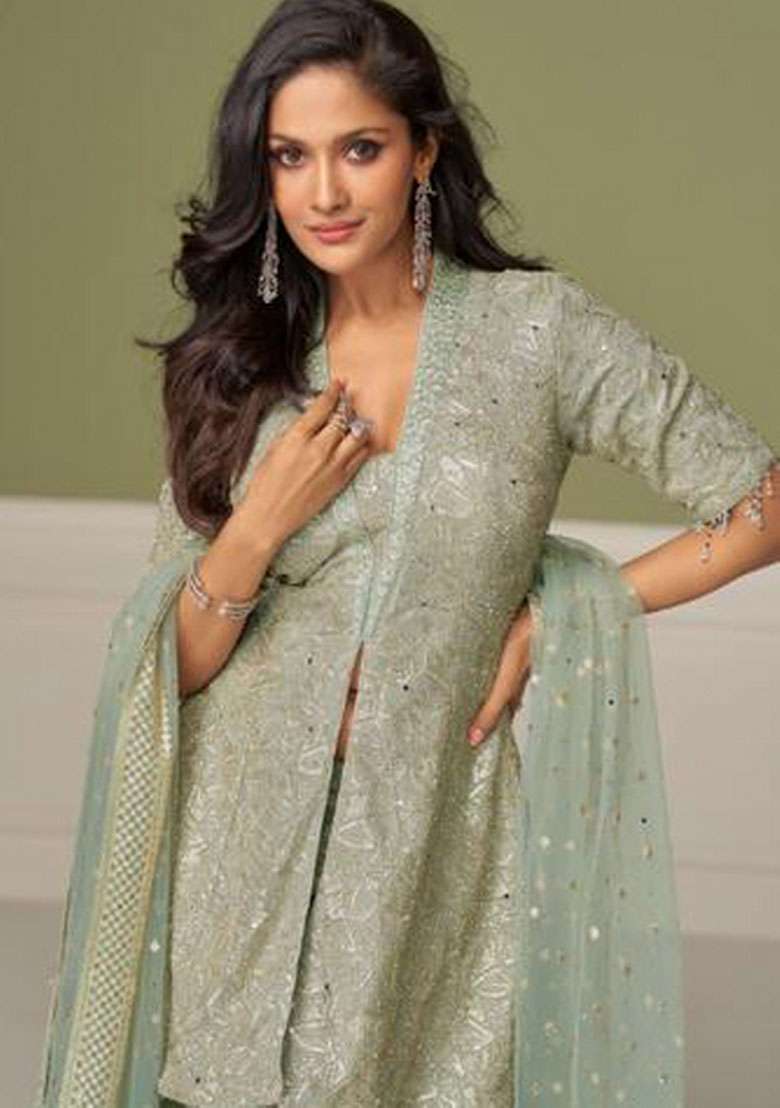 Sea Green Embroidered Georgette Kurta Set - Indya
