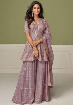Lilac Embroidered Georgette Kurta Set