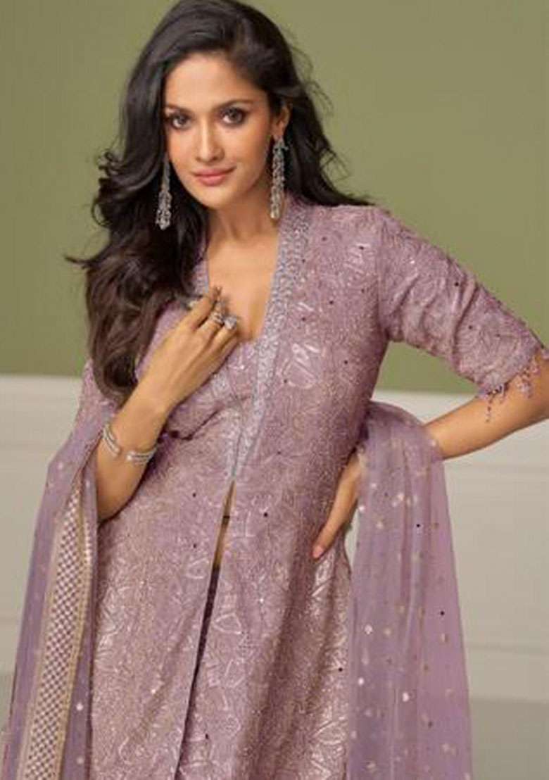 Lilac Embroidered Georgette Kurta Set - Indya