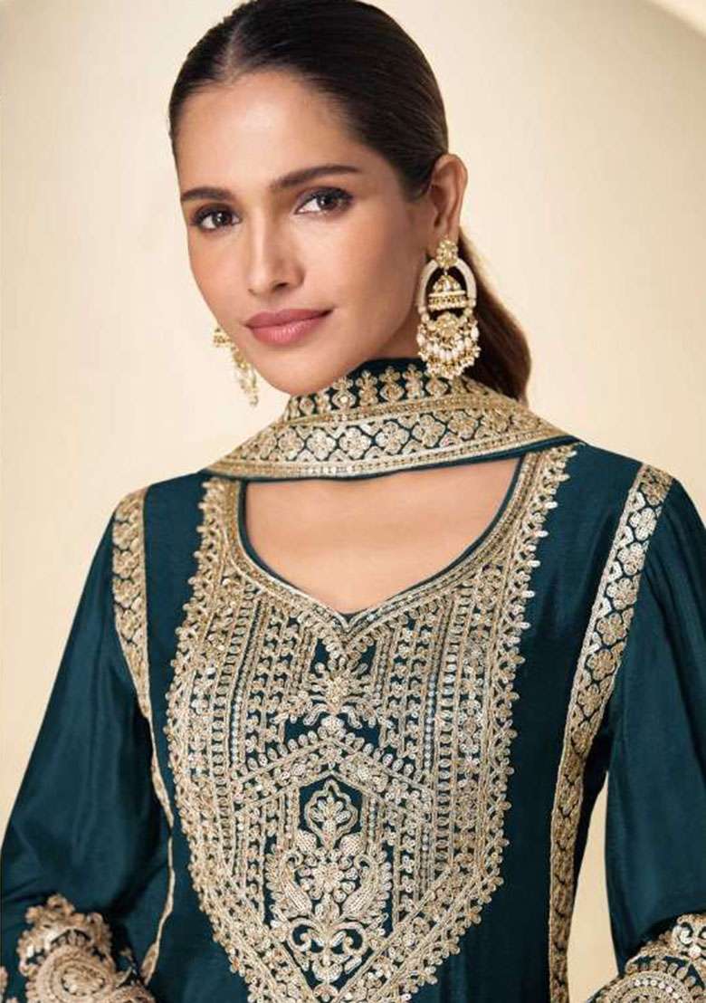 Teal Embroidered Chinon Kurta Set - Indya