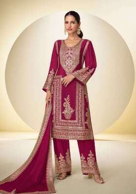 Rani Pink Embroidered Chinon Kurta Set
