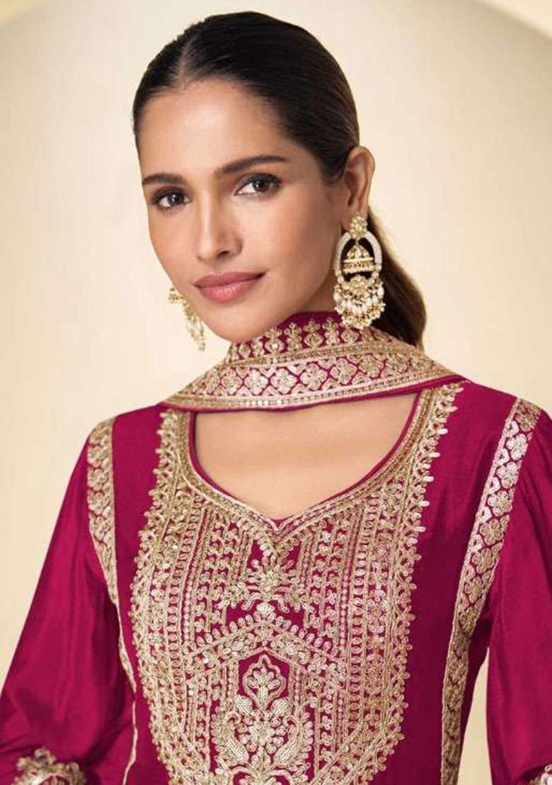 Rani Pink Embroidered Chinon Kurta Set - Indya