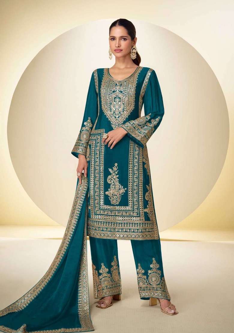 Peacock Blue Embroidered Chinon Kurta Set - Indya