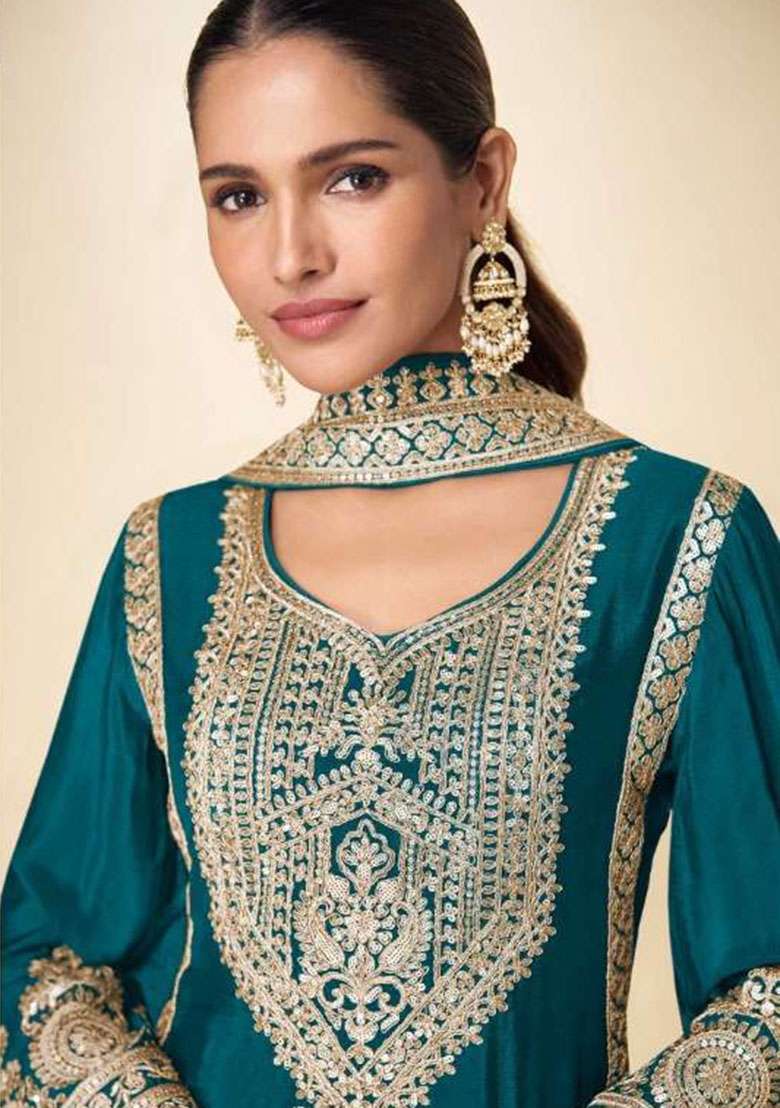 Peacock Blue Embroidered Chinon Kurta Set - Indya