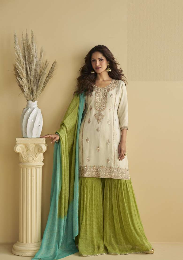 White Embroidered Chinon Kurta Set - Indya