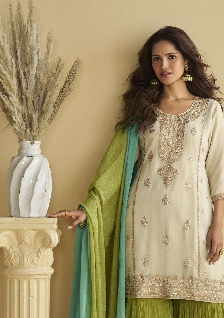 White Embroidered Chinon Kurta Set - Indya