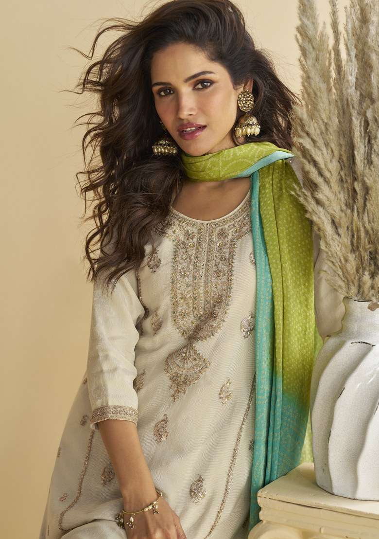 White Embroidered Chinon Kurta Set - Indya