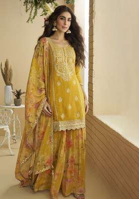 Yellow Embroidered Chinon Kurta Set