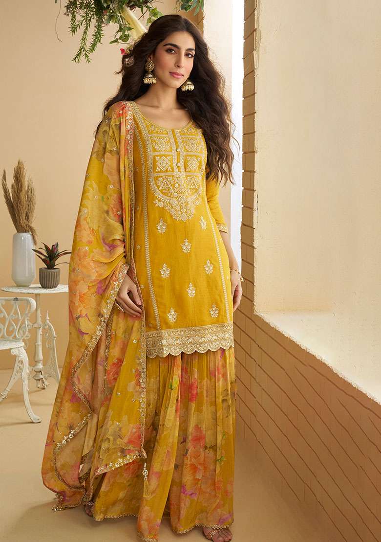 Yellow Embroidered Chinon Kurta Set - Indya