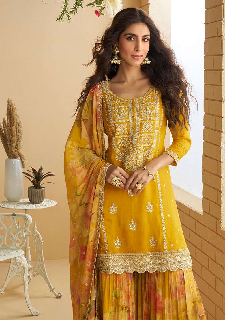 Yellow Embroidered Chinon Kurta Set - Indya