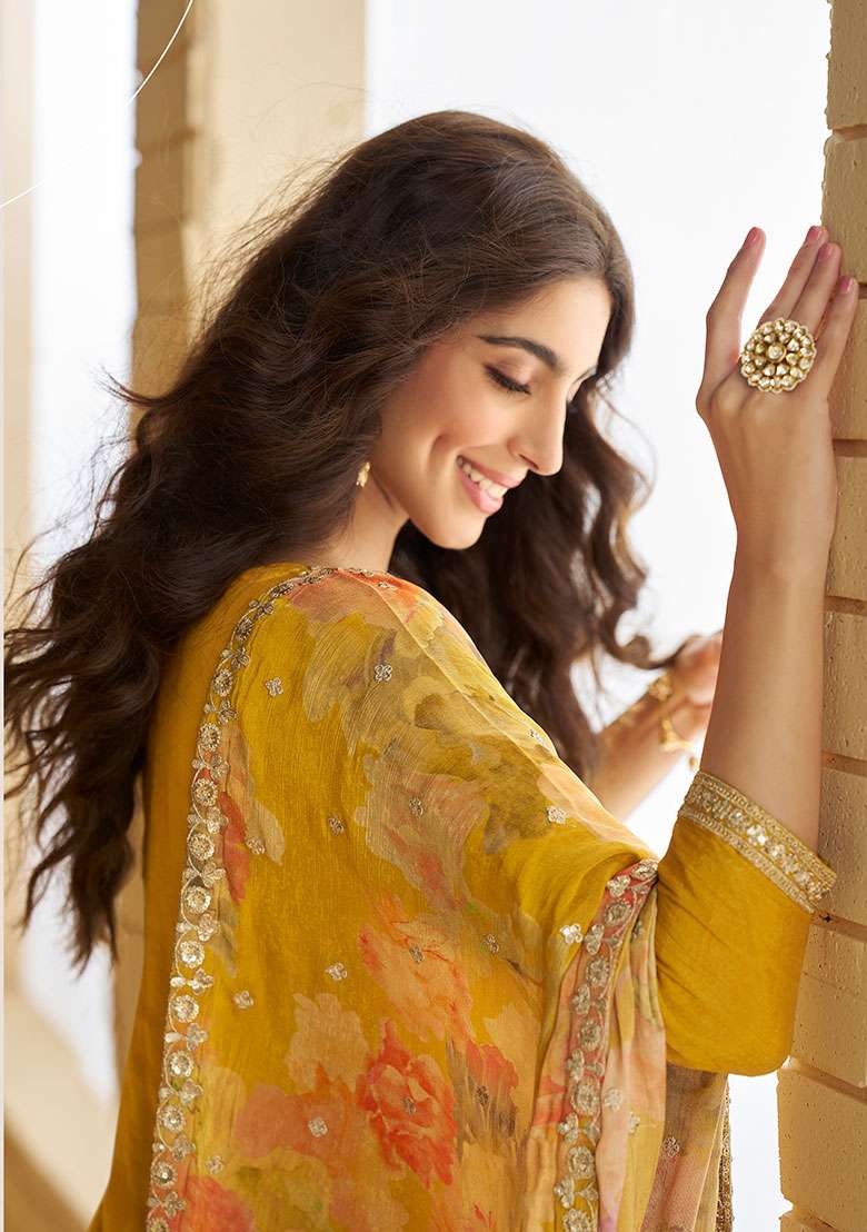 Yellow Embroidered Chinon Kurta Set - Indya
