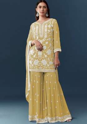 Yellow Embroidered Georgette Kurta Set