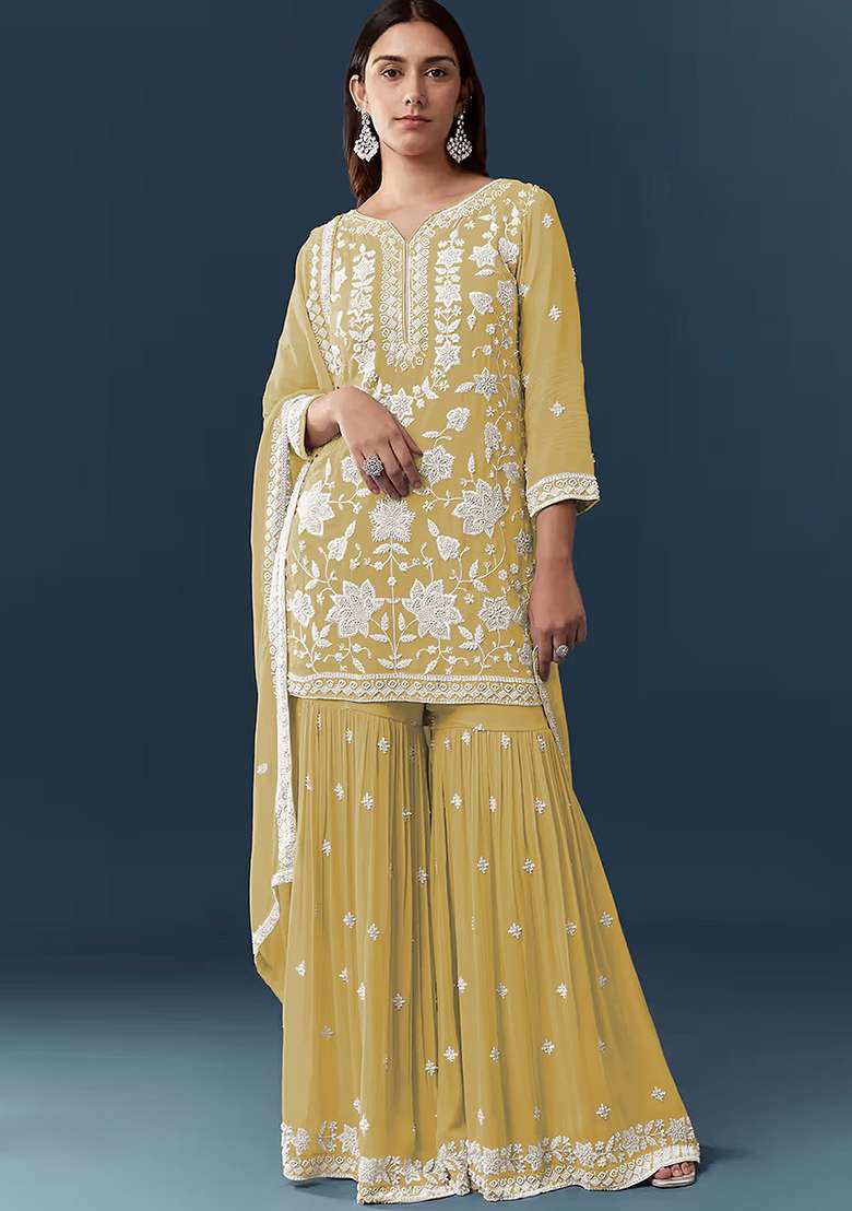 Yellow Embroidered Georgette Kurta Set - Indya