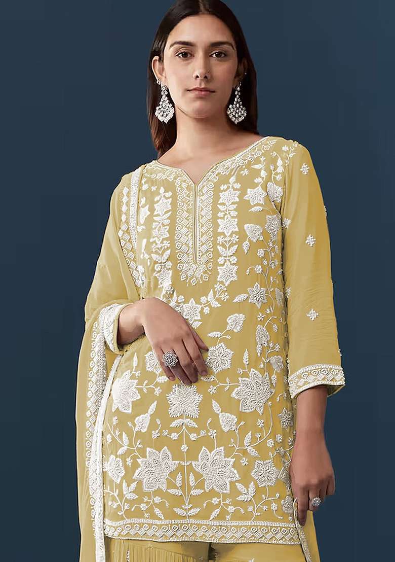 Yellow Embroidered Georgette Kurta Set - Indya