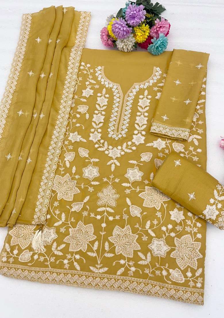 Yellow Embroidered Georgette Kurta Set - Indya