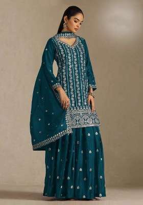 Sea Blue Embroidered Chinon Kurta Set