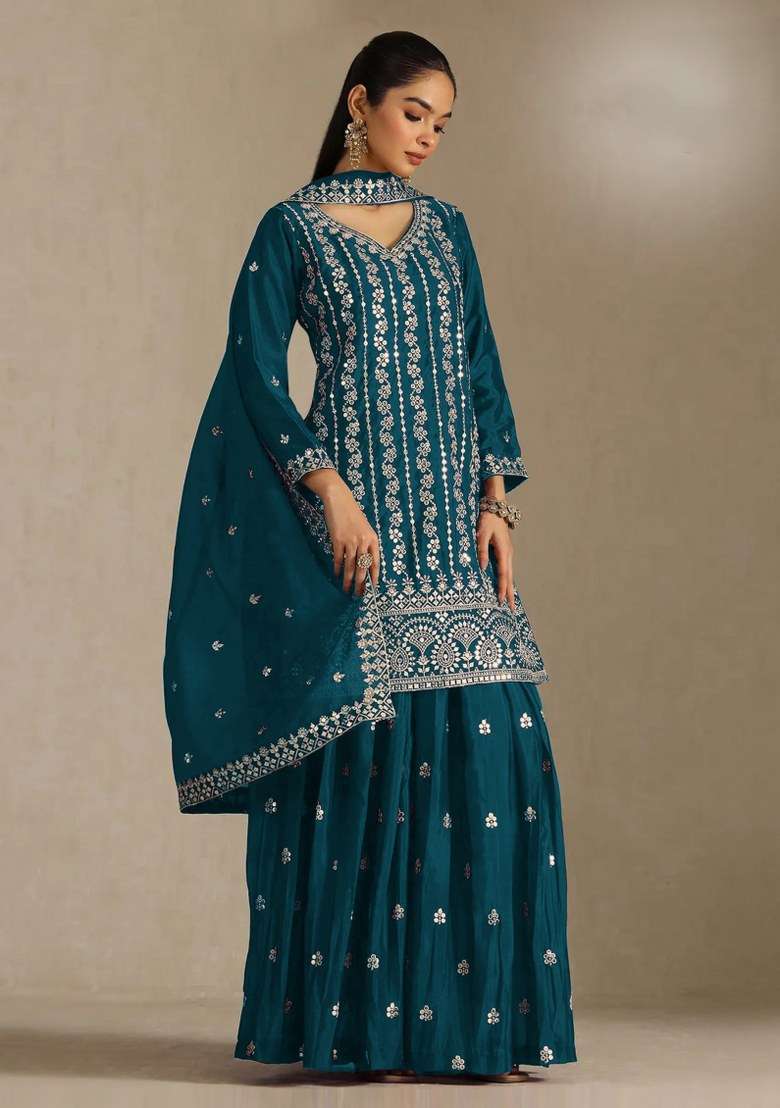 Sea Blue Embroidered Chinon Kurta Set - Indya