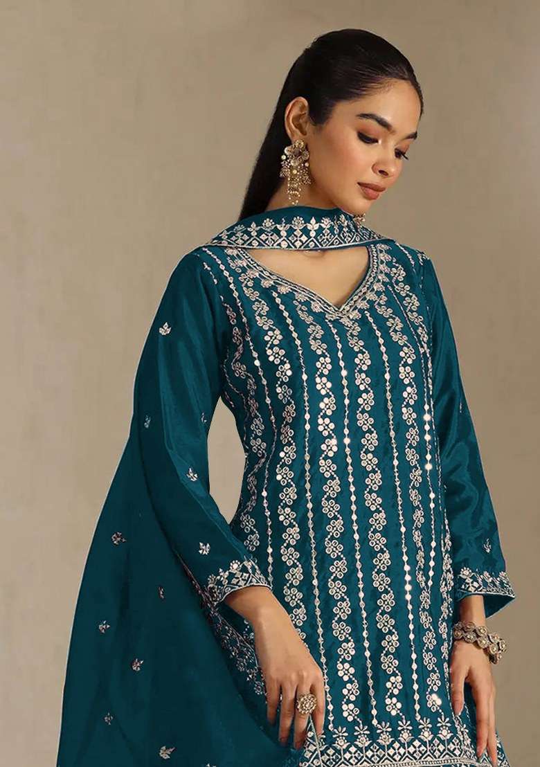 Sea Blue Embroidered Chinon Kurta Set - Indya