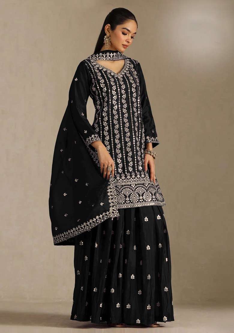 Black Embroidered Chinon Kurta Set - Indya