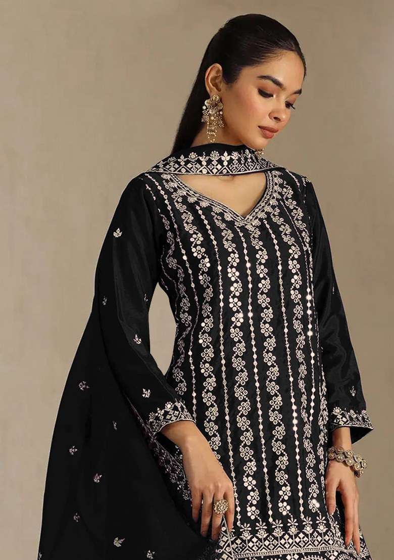 Black Embroidered Chinon Kurta Set - Indya