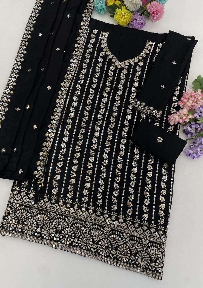 Black Embroidered Chinon Kurta Set - Indya