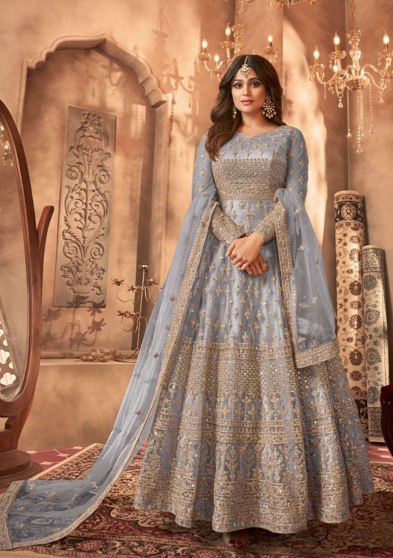 Grey Embroidered Net Kurta Set - Indya