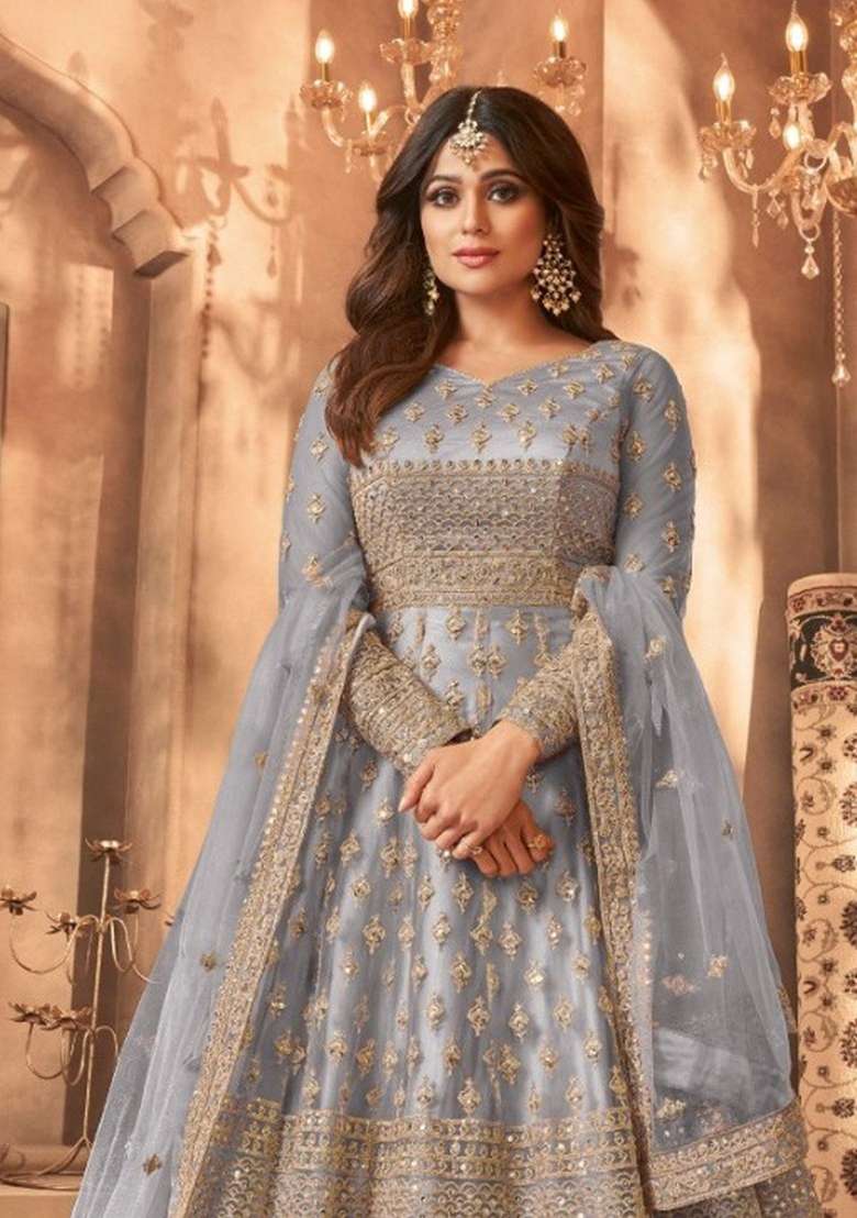 Grey Embroidered Net Kurta Set - Indya