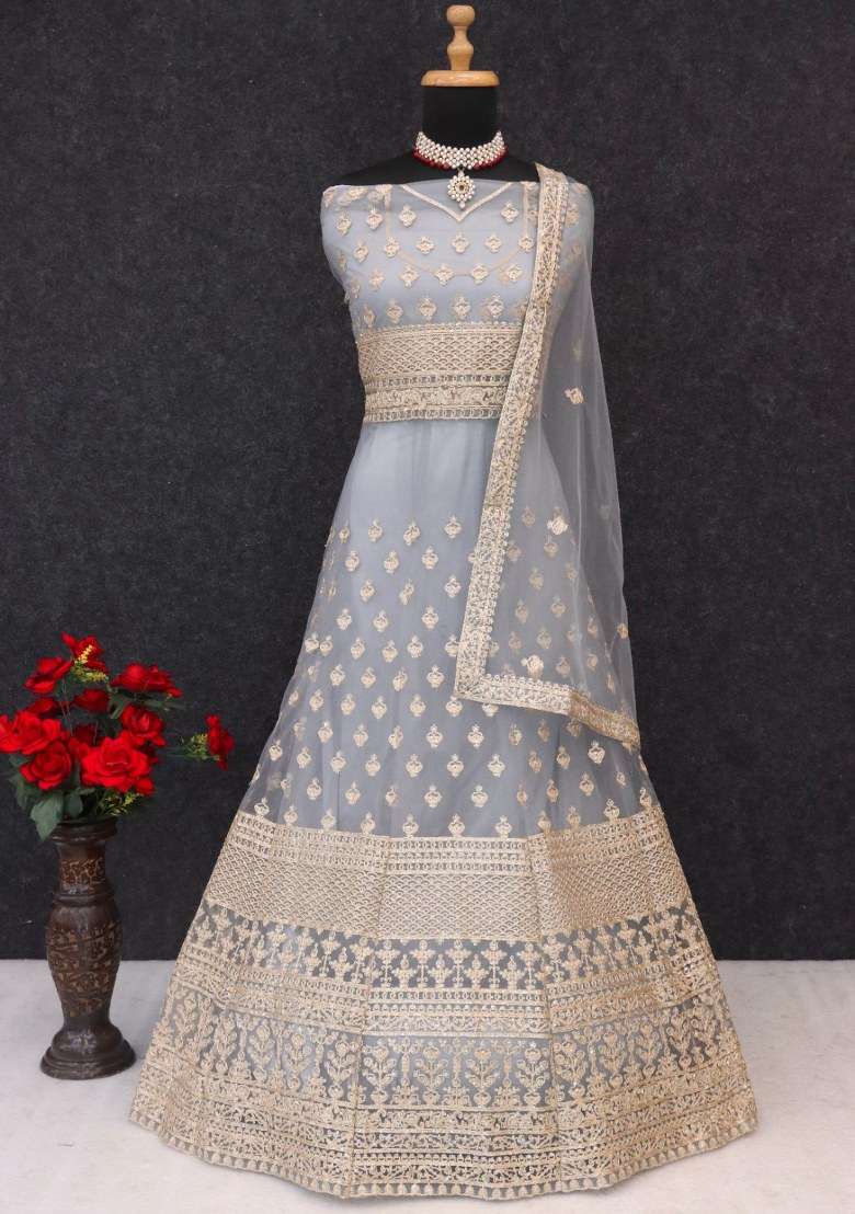 Grey Embroidered Net Kurta Set - Indya