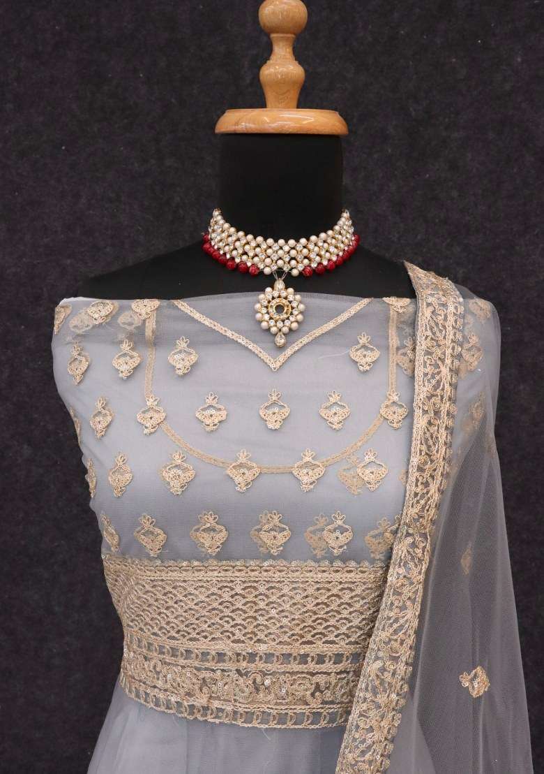 Grey Embroidered Net Kurta Set - Indya