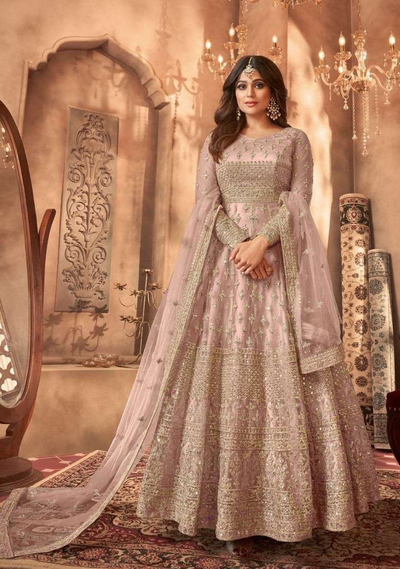 Rose Gold Embroidered Net Kurta Set - Indya