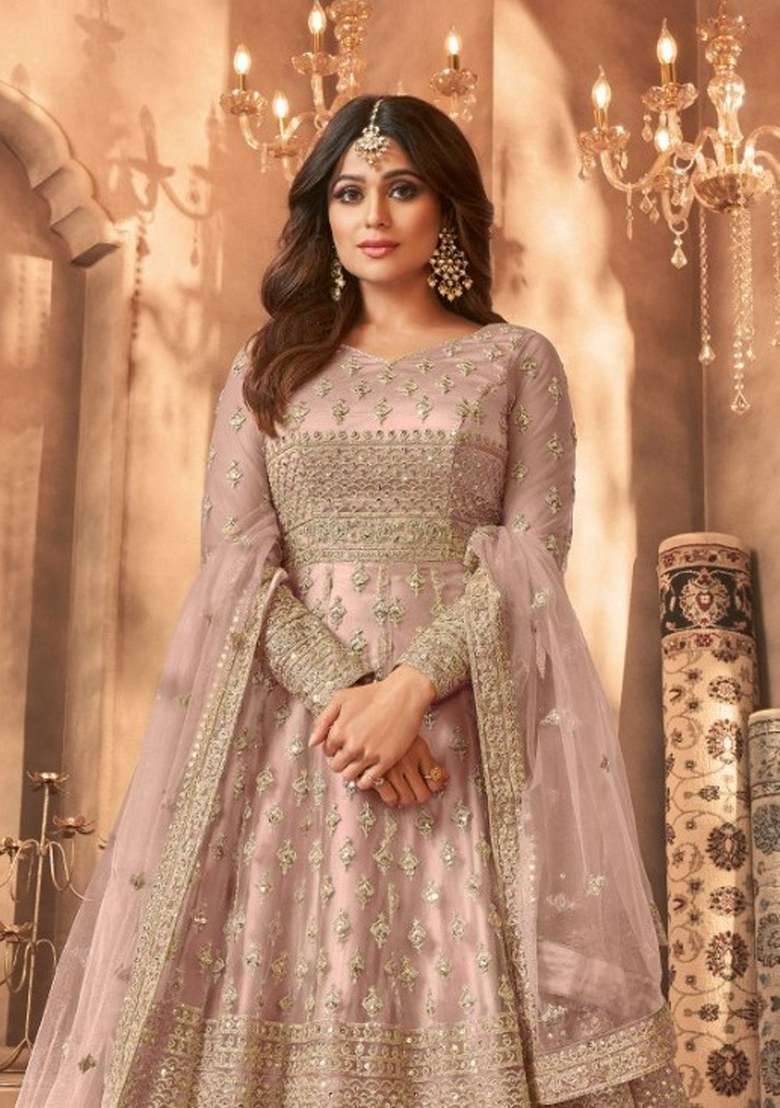 Rose Gold Embroidered Net Kurta Set - Indya