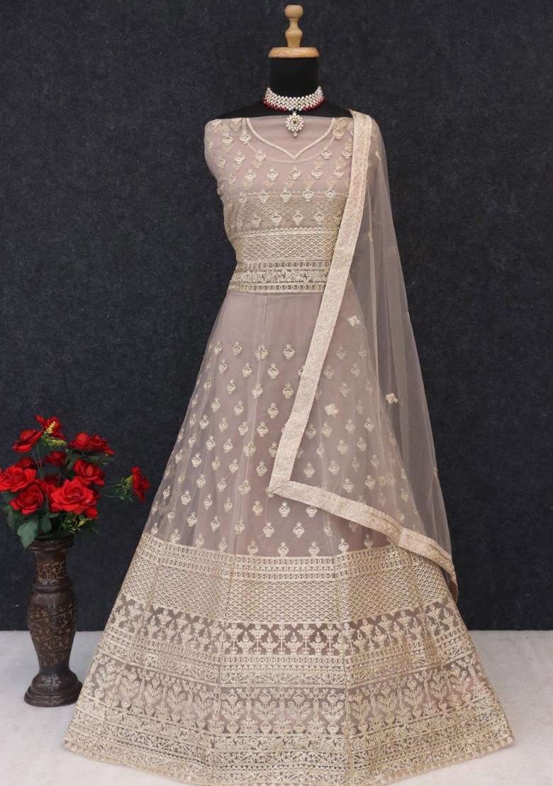 Rose Gold Embroidered Net Kurta Set - Indya