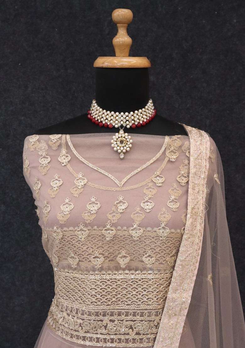 Rose Gold Embroidered Net Kurta Set - Indya
