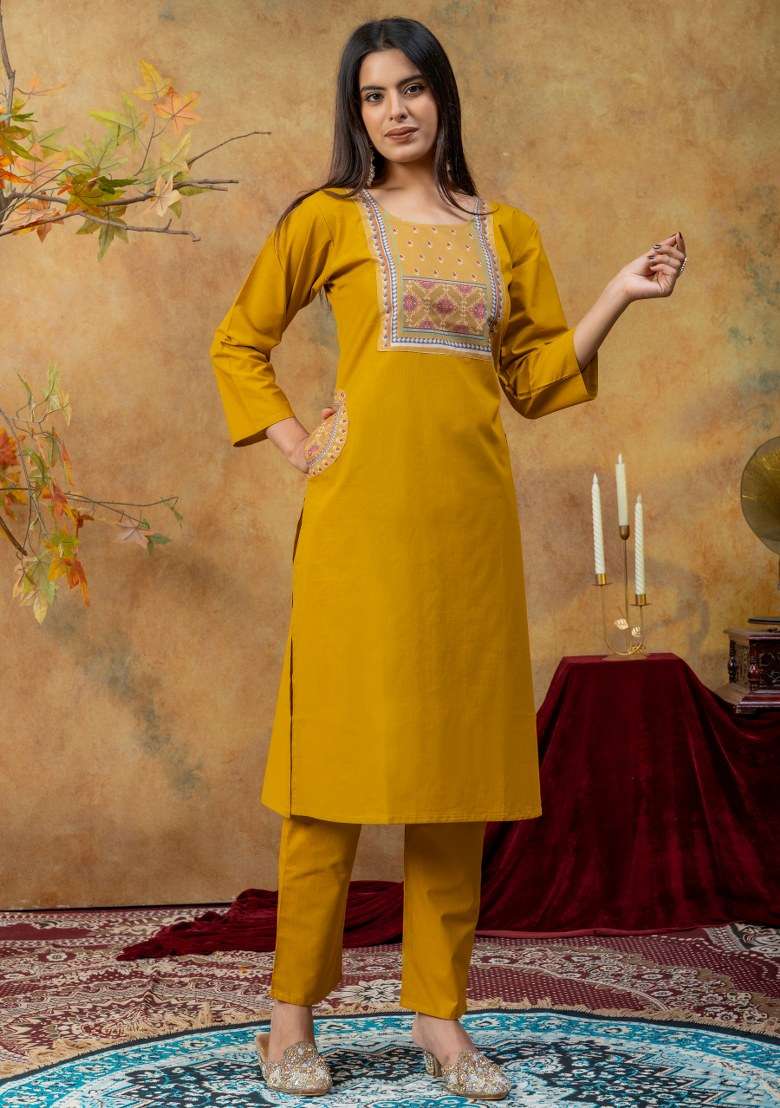 Mustard Embroidered Cotton Kurta Set - Indya