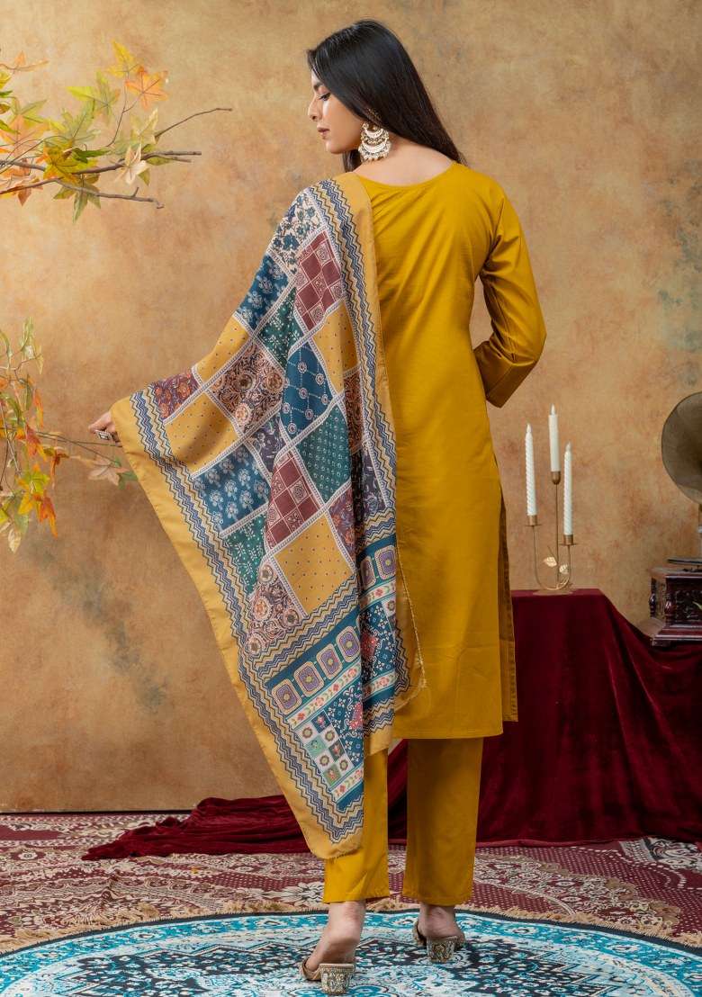 Mustard Embroidered Cotton Kurta Set - Indya