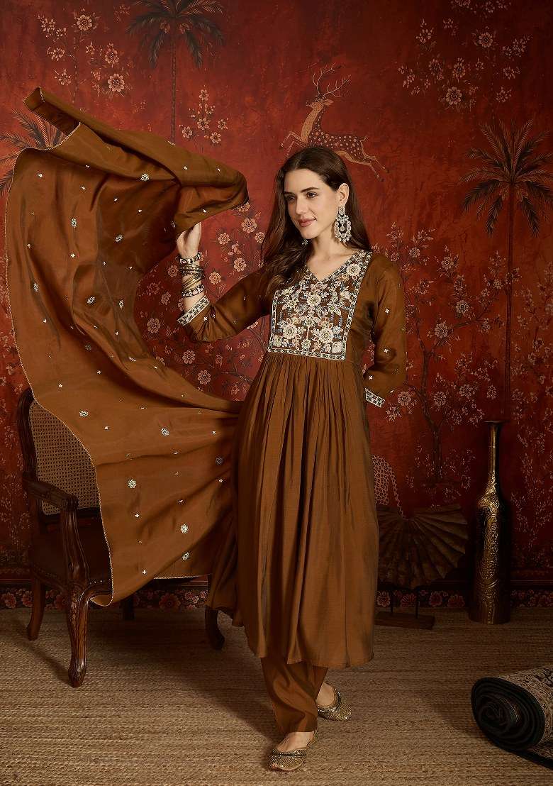 Brown Embroidered Chanderi Kurta Set - Indya