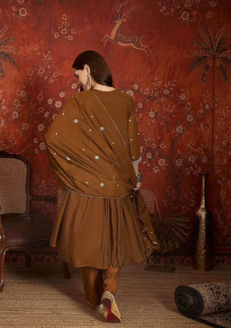 Brown Embroidered Chanderi Kurta Set - Indya