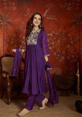 Purple Embroidered Chanderi Kurta Set