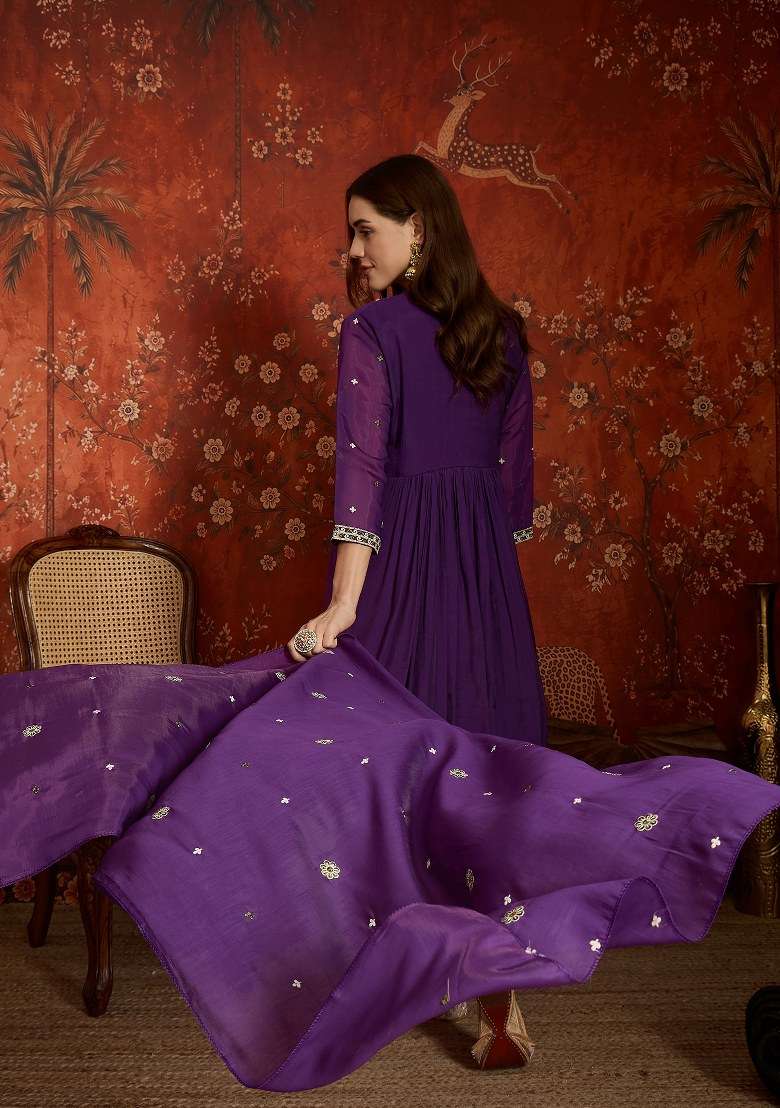 Purple Embroidered Chanderi Kurta Set - Indya