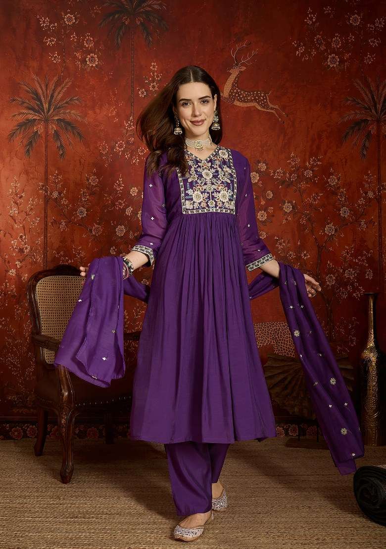 Purple Embroidered Chanderi Kurta Set - Indya