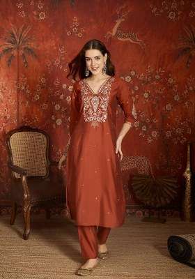 Rust Embroidered Silk Kurta Set