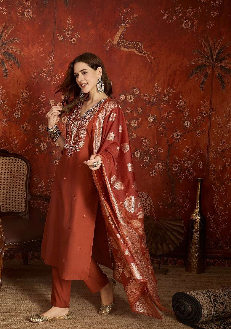 Rust Embroidered Silk Kurta Set - Indya