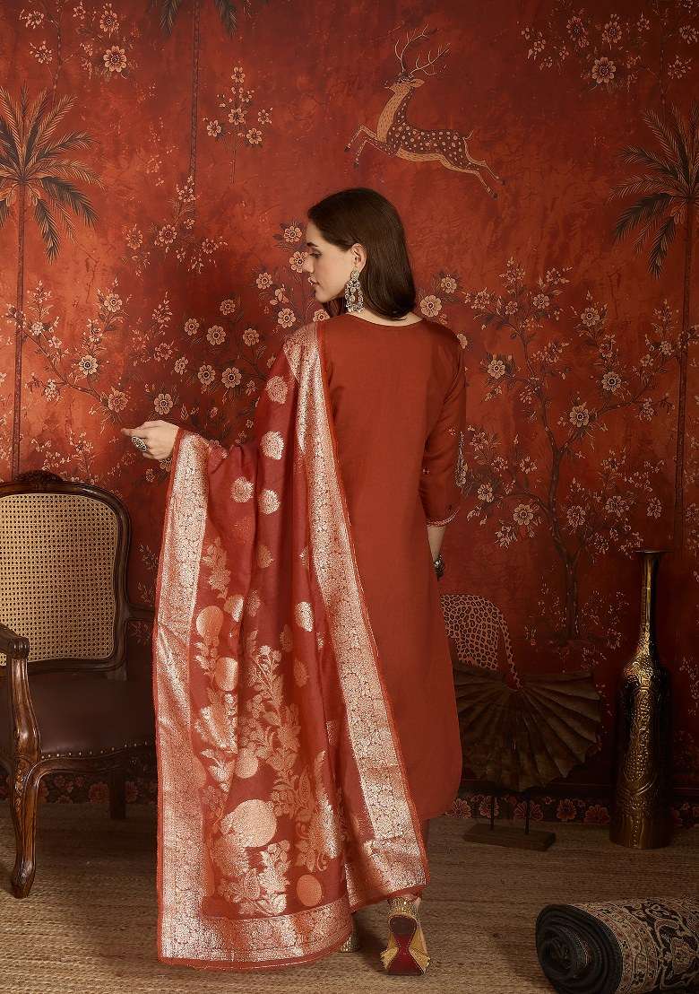 Rust Embroidered Silk Kurta Set - Indya