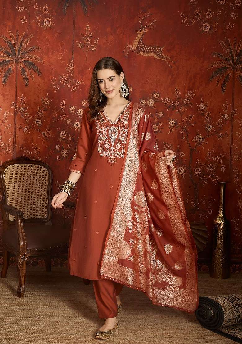Rust Embroidered Silk Kurta Set - Indya