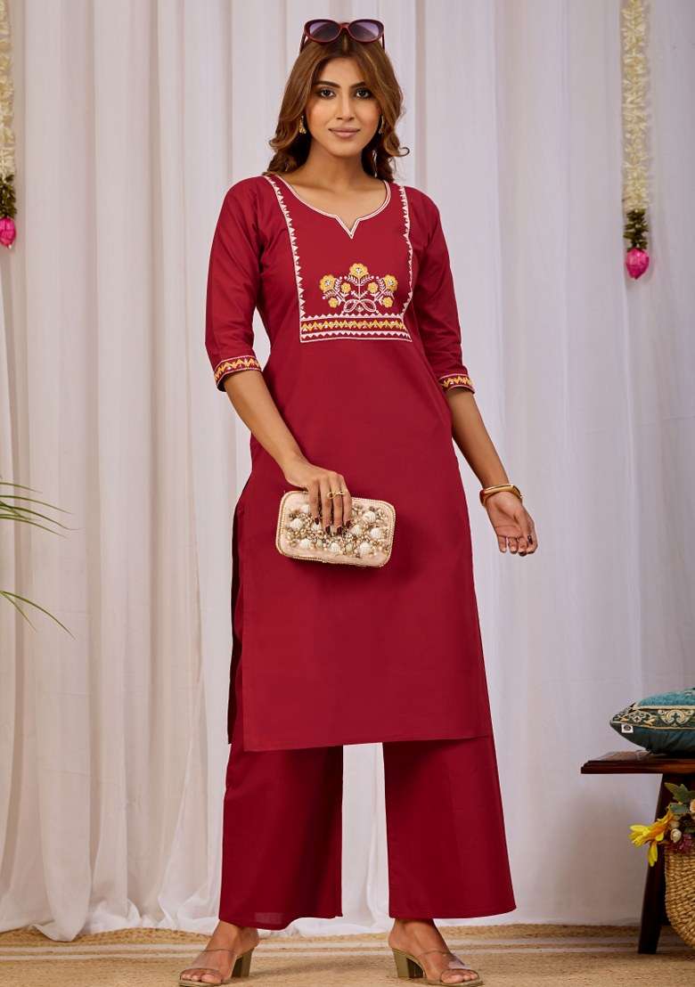 Maroon Printed Cotton Kurta Set - Indya