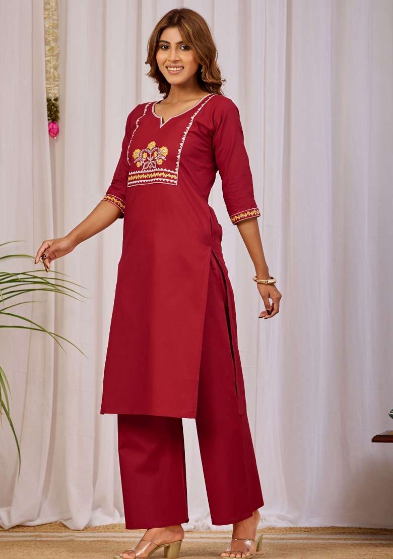 Maroon Printed Cotton Kurta Set - Indya