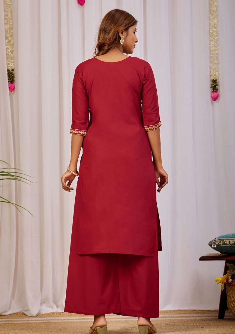 Maroon Printed Cotton Kurta Set - Indya
