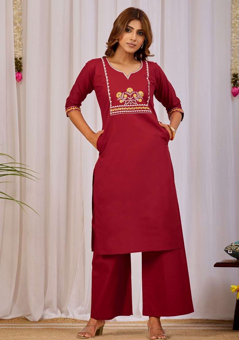 Maroon Printed Cotton Kurta Set - Indya