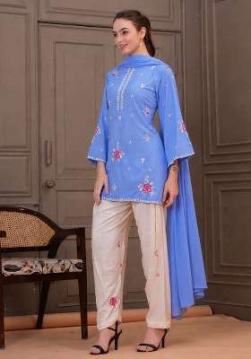 Sky Blue Embroidered Cotton Kurta Set