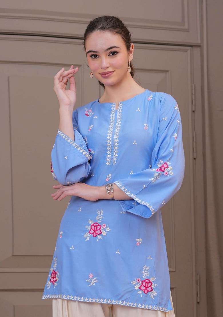Sky Blue Embroidered Cotton Kurta Set - Indya